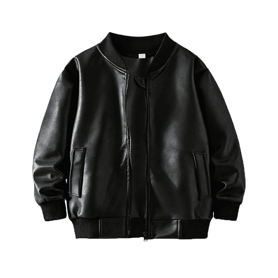 Generic Boys Faux Leather Motorcycle Jacket Zip Up Varsitš² Baseball Coat Kids Fall Long Sleeve PU Leather Moto Biker Bomber Jacket