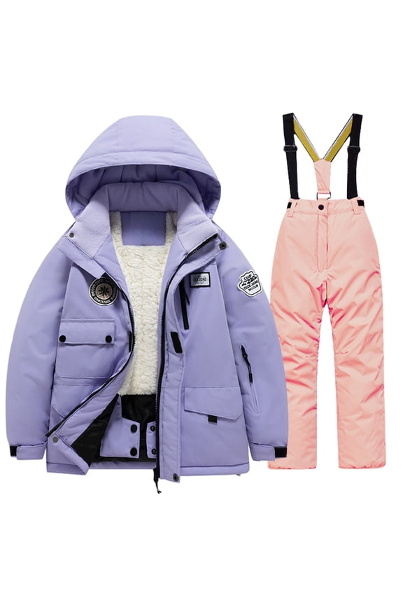 Boys and Girls Children's Ski Suits Girls Outdoor Thick Windproof Boys Baby Big Children Ski Clothes Equipment Suit Waterproof Snow Bib with Hooded Jacket(14,Pink)