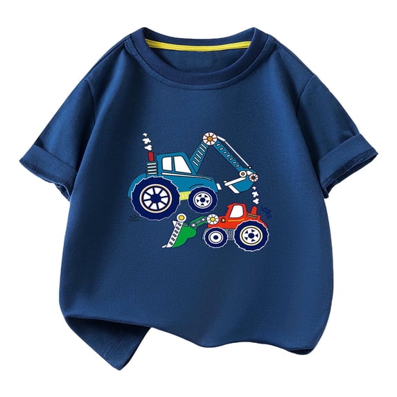 Generic Boys Girls Cute Excavator Printed Short Sleeve T-Shirts Summer Comfy Cotton Graphic Tee Tops for 0-12 Years