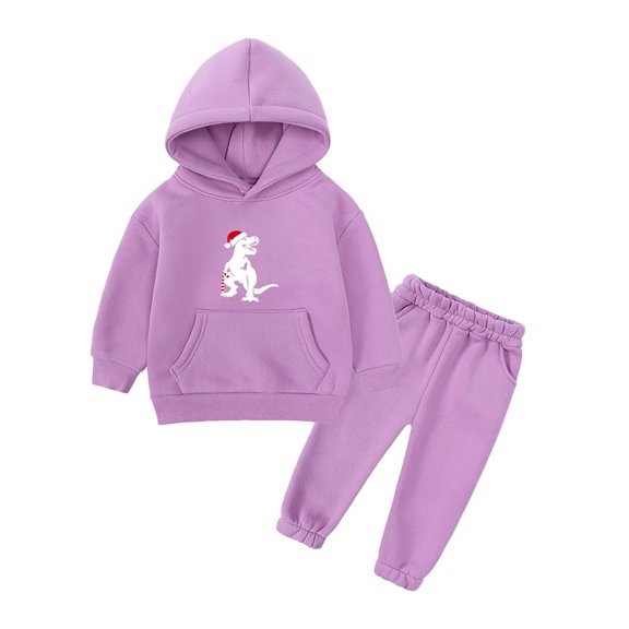 Generic Christmas Kids Boys Girls Middle and Large Children Xmas Long Sleeve Fall and Winter Warm Thickened Dinosaur Printing Sweater Pants 2Piece Sports Suit (12-24 Months,Purple)
