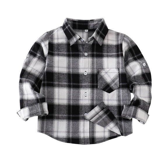 Generic Boys Girls Plaid Shirt Long Sleeve Button Down Flannel Dress Shirts with Pocket Fall Winter Outfits for 1-13 Years