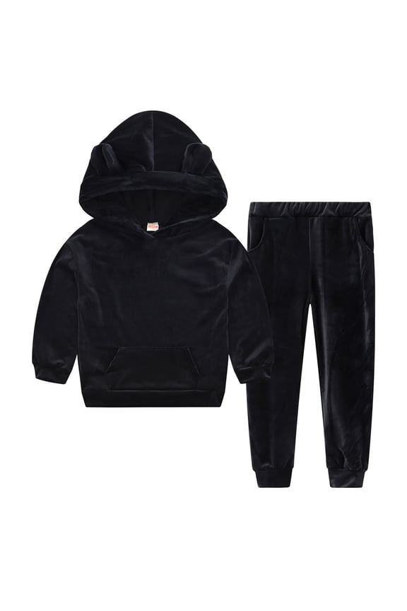 Boys and Girls Spring and Fall Models Sports and Leisure Bear Ears Hooded Sweater Two Piece Suit Suit for Fashion Casual Breathable Clothing (4-5 Years,Black)