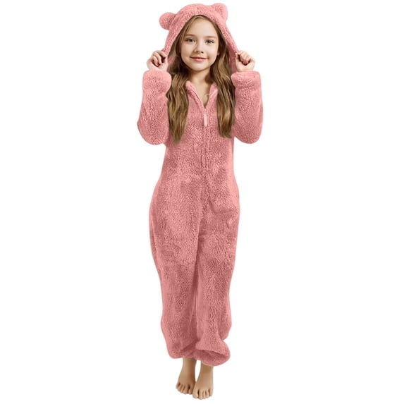 Generic Boys Girls Zip Up Fuzzy Fleece Jumpsuit Cute Bear Ear Winter Hooded Onesie