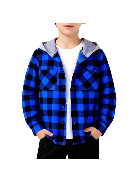 Boys Hooded Flannel Shirt Jacket Kids Buffalo Plaid Button down Shacket for School Holiday Fall Winter Clothes Fashion Coat