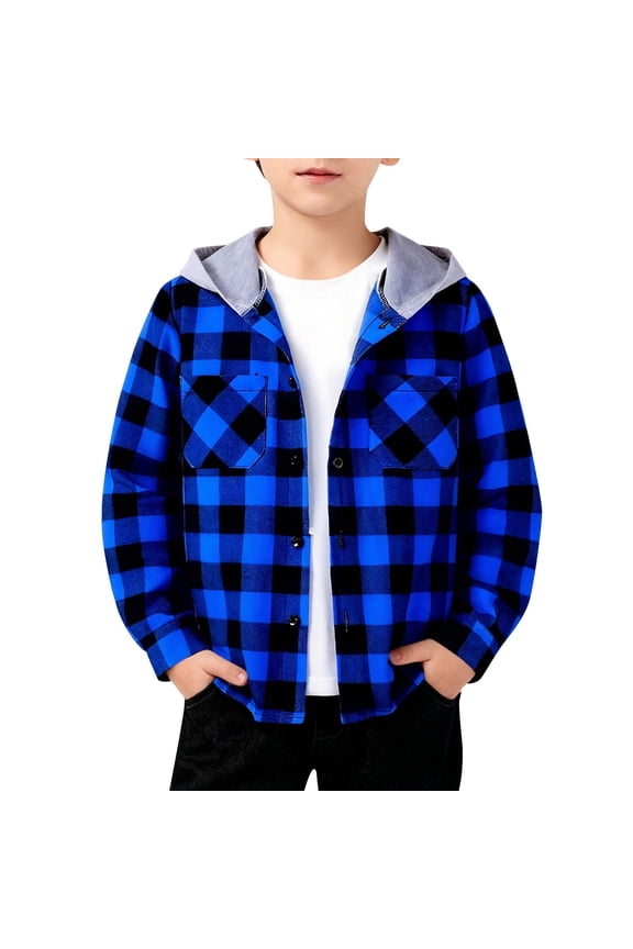 Boys Hooded Flannel Shirt Jacket Kids Buffalo Plaid Button down Shacket for School Holiday Fall Winter Clothes Fashion Coat