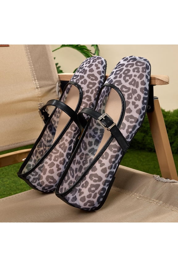 Breathable Mary Jane Flats for Women, Square Toe Leopard Mesh Shoes with Adjustable Buckle for Office and Weekend Wear