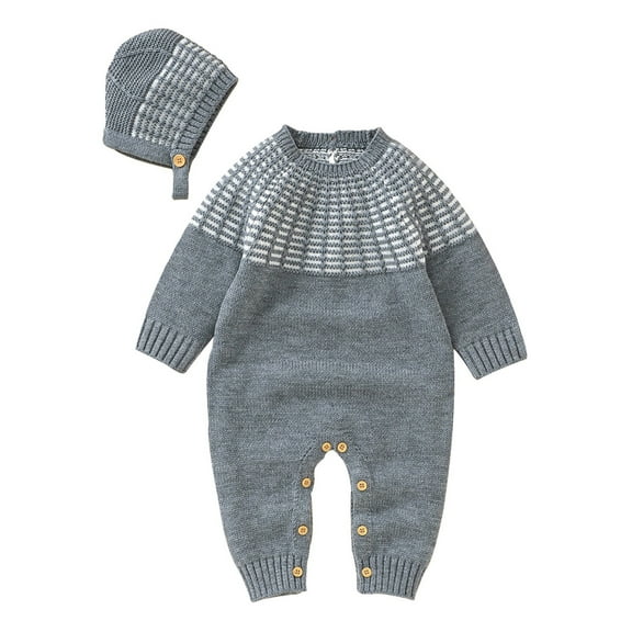 Generic Kids Girls Knitted Cardigan Boy Girl Patchwork Knitted Sweater Baby Jumpsuit Romper Cotton Caps Hat Outfits Sets Fall Winter Clothes(Grey,6-9 Months)