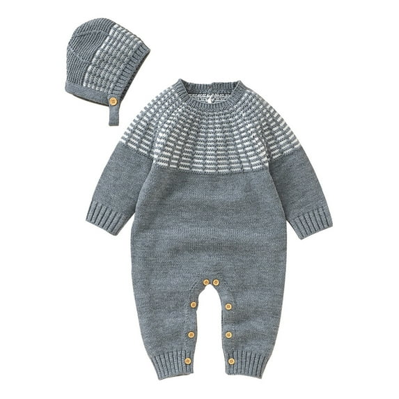 Generic Kids Girls Knitted Cardigan Boy Girl Patchwork Knitted Sweater Baby Jumpsuit Romper Cotton Caps Hat Outfits Sets Fall Winter Clothes(Grey,6-9 Months)