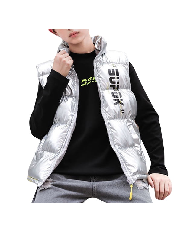 Bubble Coats Boys Girls Shiny Puffer Vest Quilted Sleeveless Jacket Metallic Down Vest