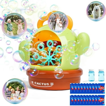 EagleStone Cactus Bubble Machine for Kids with Music and Lights, Automatic Bubble Maker, 500-1000 Bubbles per Min, Includes 2 Bottles of Bubble Solution and 20 Bubble Bags, Green