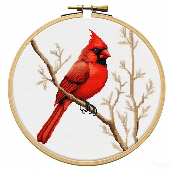 Generic Cartoon Simple Red Cardinal on Branch DIY Stamped Cross Stitch Kits Easy for Beginners and Children with Hoop 11CT Needlepoint Counted Embroidery Kits Art Craft Wall Decoration 12x12inch(2)