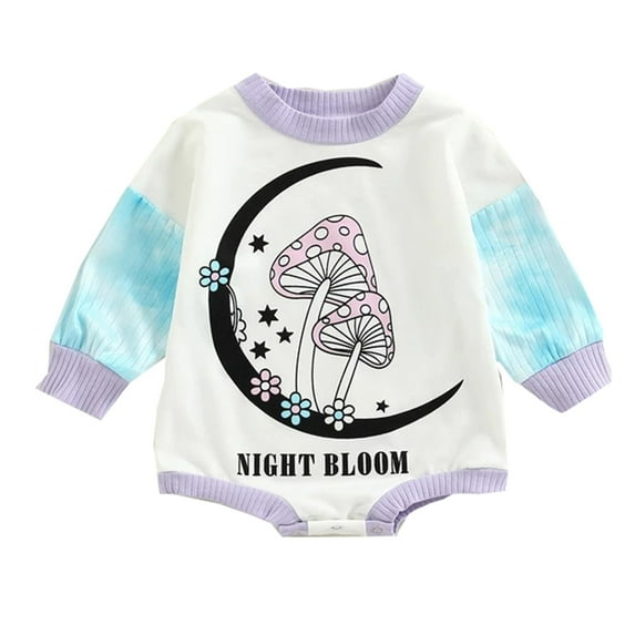 Generic Casual Bodysuits for Kids Babys Girls Boys Winter Long Sleeved Romper Bodysuit Clothes Cartoon Print Patchwork Color Flower Moon Mushroom for Casual Soft Clothing(12-18 Months,White)