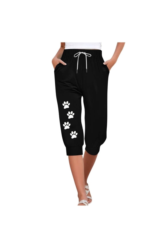 Casual Capri Pants for Women Cute Paw Print Wide Leg Pants Drawstring Elastic High Waist Cropped Loose Lounge Pants