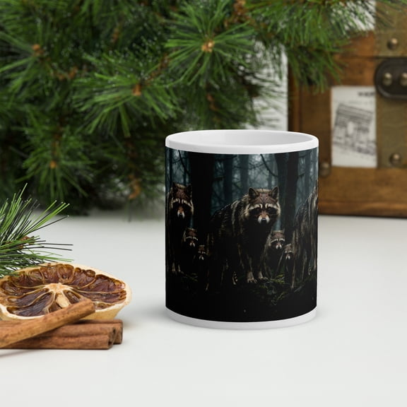 Generic Ceramic Coffee Mug, Dark Fantasy Wolf Raccoon Hybrid Creature Design, 11 oz, White, Novelty Gift for Fantasy Lovers