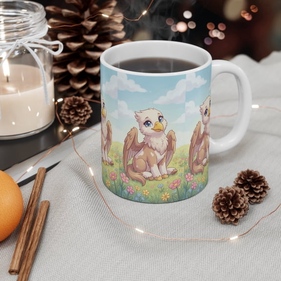 Generic Ceramic Coffee Mug, Fantasy Griffin Creature Design, 11 oz, White, Gift for Fantasy Lovers