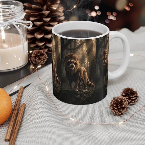 Generic Ceramic Coffee Mug, Fantasy Raccoon Lion Hybrid Forest Creature Design, 11 oz, White, Novelty Gift for Animal Lovers