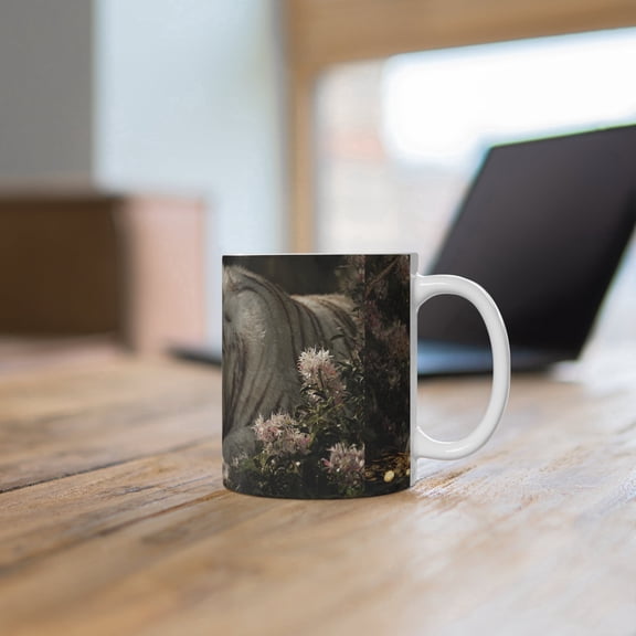 Generic Ceramic Coffee Mug, Sleeping White Tiger Treasure Scene Design, 11 oz, White, Gift for Wildlife Lovers
