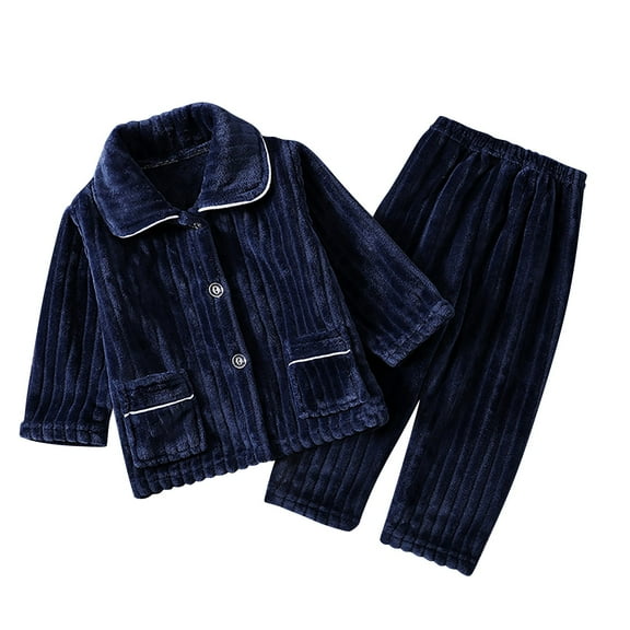 Generic Child Clothes Sleepwear Autumn Winter Solid Color Sleepwear Set Home Clothes For Boys And Girls Medium Small Thick Warm Children's Sleepwear(4-5 Years,Navy)