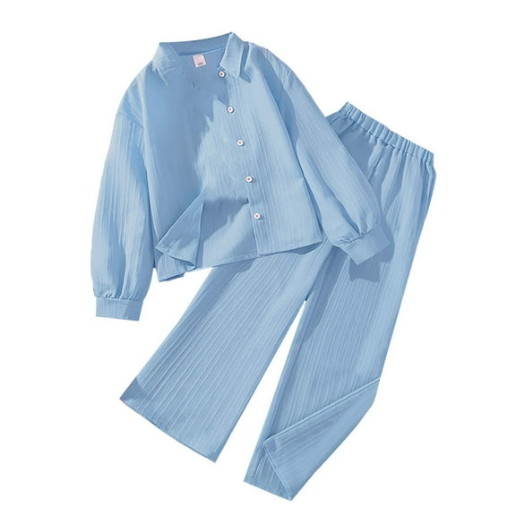 Generic Children Baby Girls Boys Clothing New Medium Large Lapel Long Sleeve Shirt Trousers Comfortable Breathable Autumn Winter Clothes for Home Indoor Outdoor（8 Years Blue）