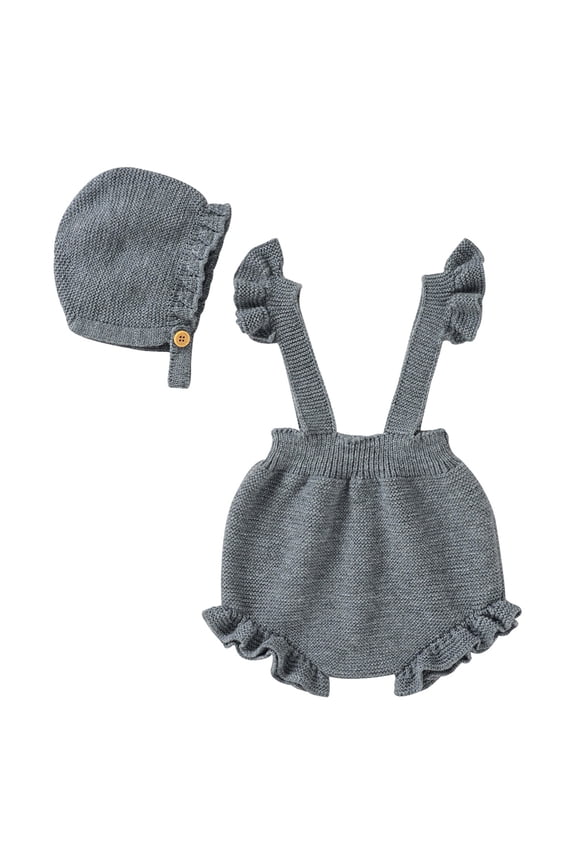 Children Boys Knitted Sweater Girls Strap Solid Knitted Ruffles Sweater Baby Jumpsuit Romper with Hat Outfits Clothes Set