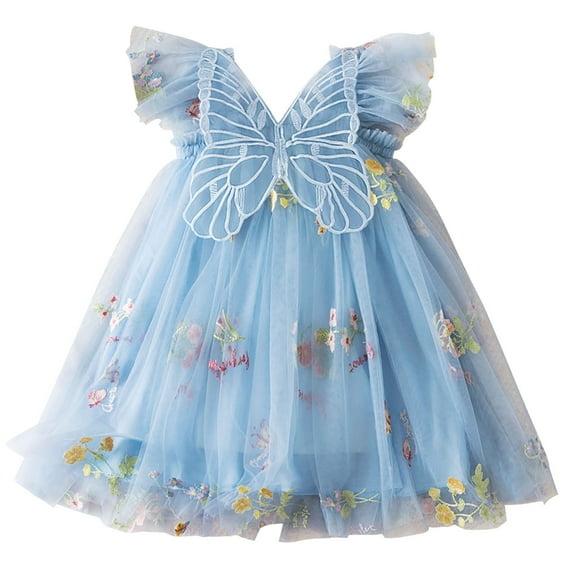 Generic Children Gown Dresses Toddler Baby Girl Baby Clothes Summer Butterfly Wing Lace Casual Short Sleeve Dress for Bowknot Flower Pageant Party Wedding(3-4 Years,BU1)