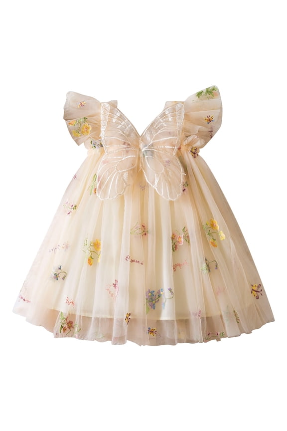 Children Gown Dresses Toddler Baby Girl Baby Clothes Summer Butterfly Wing Lace Casual Short Sleeve Dress for Bowknot Flower Pageant Party Wedding(4-5 Years,Beige)