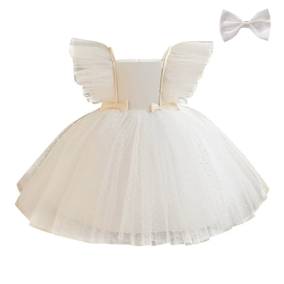 Generic Children Gown Toddler Girls Summer Flying Sleeve Polka Dot Meshprincess Dress Performance Dresses Pompous Skirt for Wedding Birthday Holiday Party Gowns(3-4 Years,White)