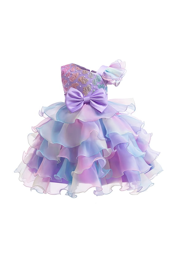 Children Graduation Gown Girls One Shoulder Sleeveless Colorful Bow Cake Birthday Party Dresses for Wedding Evening Formal Dance Gowns (7-8 Years,Purple)