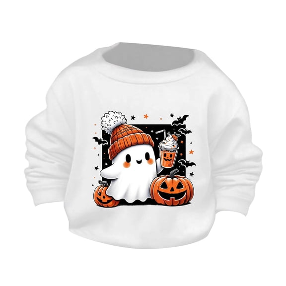 Generic Children Halloween Cute Little Bats and Pumpkin Printed Round Neck Sweater Autumn Hoodie Autumn Winter Clothes for Holiday Christmas Party（3-4 Years White）