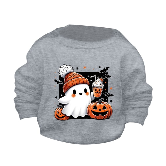 Generic Children Halloween Cute Little Bats and Pumpkin Printed Round Neck Sweater Autumn Hoodie Autumn Winter Clothes for Holiday Christmas Party（5-6 Years Gray）
