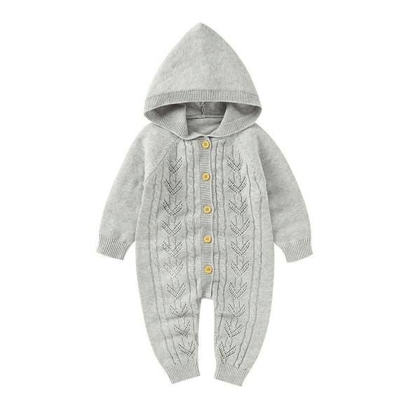 Generic Children Knitted Outwear Baby Girls Boys Cotton Knitted Hooded Sweater Long Sleeve Romper Button Jumpsuit Fall Winter Outfits(Grey,3-6 Months)