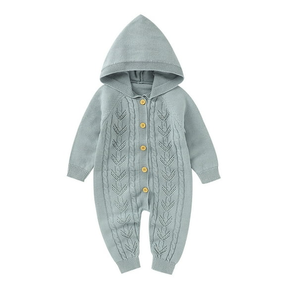 Generic Children Knitted Outwear Baby Girls Boys Cotton Knitted Hooded Sweater Long Sleeve Romper Button Jumpsuit Fall Winter Outfits(Light blue,3-6 Months)