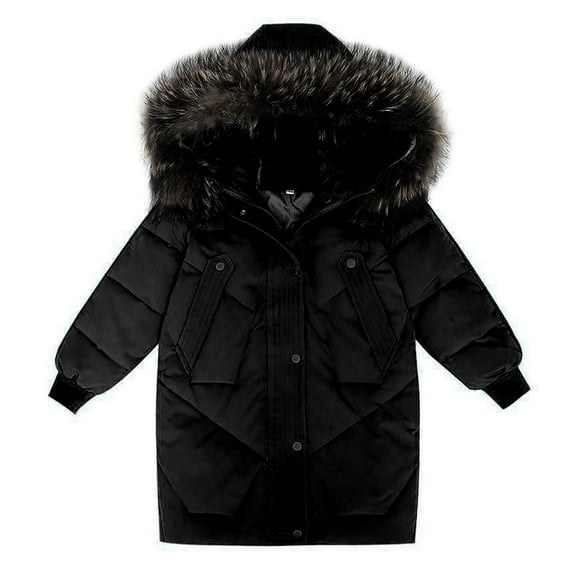 Generic Children Windproof Jackets Little/big Kids Girls 2023 New Winter Thick Coat Hooded Furry Collar Solid Color Zipper Button Coat with Pockets(Black,13-14 Years)