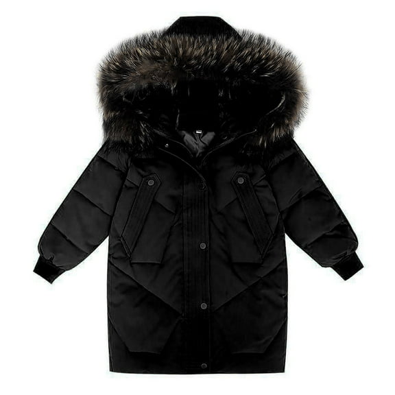 Generic Children Windproof Jackets Little/big Kids Girls 2023 New Winter Thick Coat Hooded Furry Collar Solid Color Zipper Button Coat with Pockets(Black,7-8 Years)