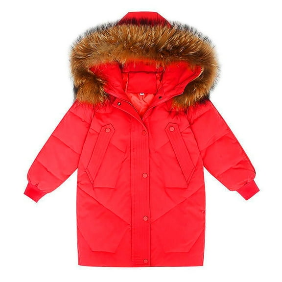 Generic Children Windproof Jackets Little/big Kids Girls 2023 New Winter Thick Coat Hooded Furry Collar Solid Color Zipper Button Coat with Pockets(Red,5-6 Years)
