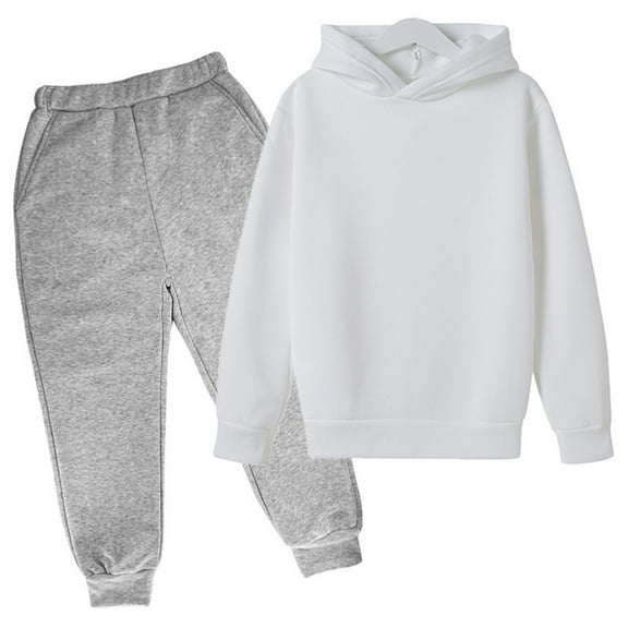 Generic Children's Autumn And Winter Solid Color Padded Hoodie Sweatshirt Set Piece Set Autumn Winter Clothes for Holiday Christmas Party(4-5 Years White)