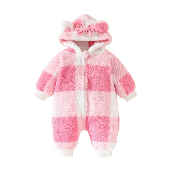 Generic Children's Classic Fit Bodysuits Baby Girl Cute Plaid Hooded Long Sleeve Long Leg Bow Plush Sweet Crawling Suit for Casual Soft Comfortable Clothing(0-3 Months,Red)