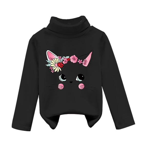 Generic Children's Clothes Girl's Fall And Winter Long Sleeve Cat Printing Thickened De Velvet Half Turtleneck Bottoming Shirt Tops Shirts Sweatshirts Pullover (18-24 Months,BK3)