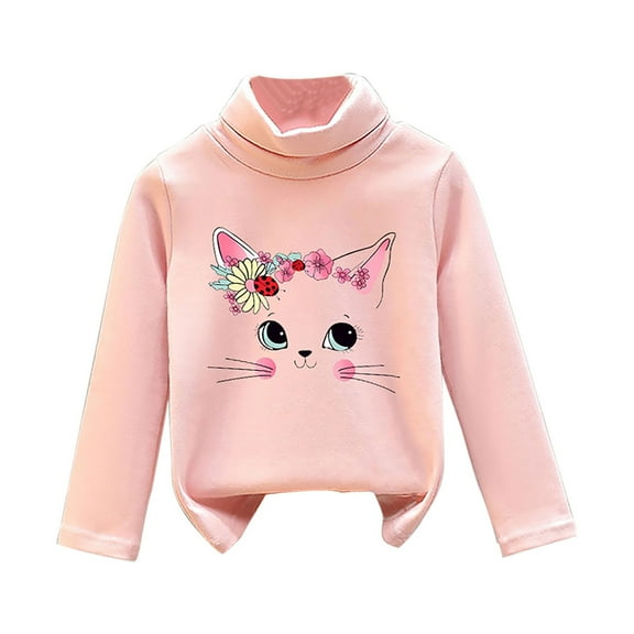 Generic Children's Clothes Girl's Fall And Winter Long Sleeve Cat Printing Thickened De Velvet Half Turtleneck Bottoming Shirt Tops Shirts Sweatshirts Pullover (5-6 Years,PK3)