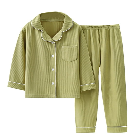 Generic Childrens Christmas Clothes Develvet Pajamas Children's Pajamas Boys Girls Winter Long Sleeved 2 Set Lapel Home Wear for Boys Girls ﻿(13-14 Years,Green)