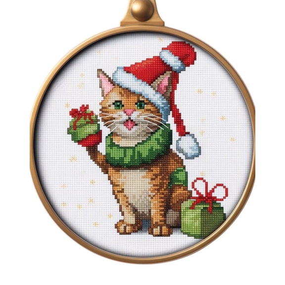 Generic Christmas Cat Cross Stitch Kits with Hoop for Beginners Stamped Cross-Stitch Supplies Needlework DIY 11CT 3 Strands Cotton Thread Printed DIY Needlepoint Kits 35×35cm (XU10)