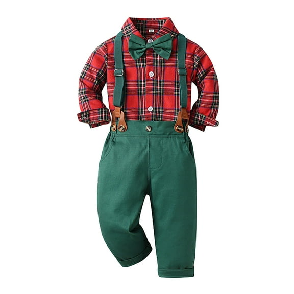 Generic Christmas Clothes Kids Toddler Boys Girls Xmas Plaid Long Sleeve Cardigan Bib Pants Bowknot Overalls Two Piece Outfits Set(18-24 Months,Red)