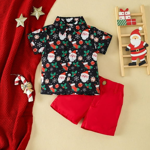 Generic Christmas Kids Toddler Baby Boy Santa Deer Print Short Sleeve T Shirt Red Shorts Gentleman Suit Xmas 2pcs Outfits Set for Fall Winter Casual Soft Comfortable Clothing(3-4 Years,Black)
