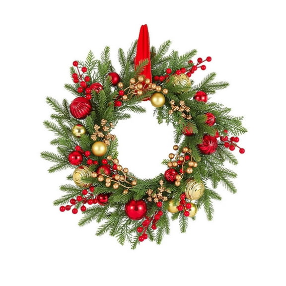 Generic Christmas Lighted Wreath for Front Door, Red and Golden Artificial Holiday Wreath with Berries for Indoor Outdoor Home Decorations