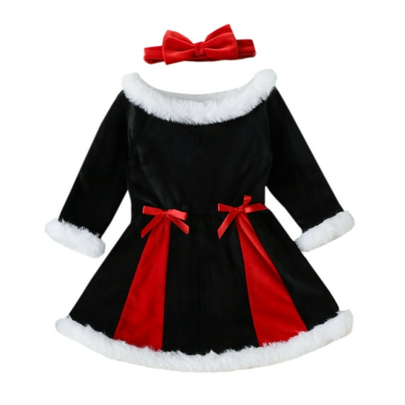 Generic Christmas Sweater Kids Toddler Girls Long Sleeve Bowknot Princess Dress Headbands Set for Fashion Casual Breathable Clothing(2-3 Years,Black)
