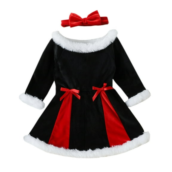 Generic Christmas Sweater Kids Toddler Girls Long Sleeve Bowknot Princess Dress Headbands Set for Fashion Casual Breathable Clothing(2-3 Years,Black)
