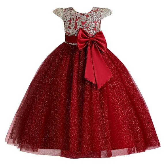 Generic Christmas Sweatshirt Kids Toddler Girl Dress Summer Sleeveless Bowknot Flower Princess Dress Catwalk Performance Dress for 2024 New Vintage Holiday Party Clothing(12-13 Years,Red)