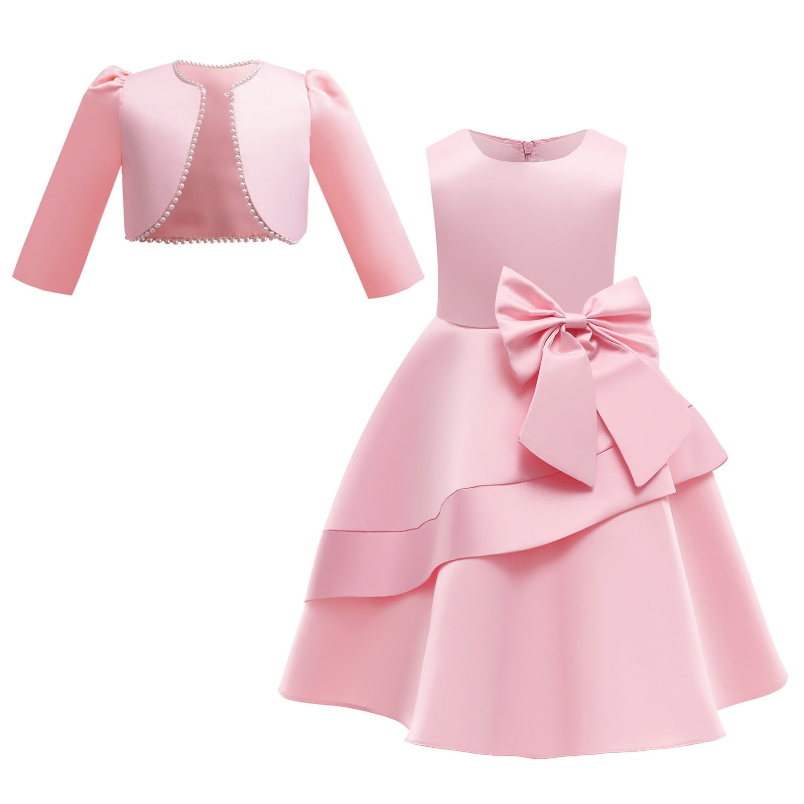 Cichic Elegant Girls Dress Satin Gowns with A Pearl Coat For 2 10Years Kid Autumn Winter Clothes for Catwalk Performance Holiday Party Wedding Christmas（6-7 Years Green）