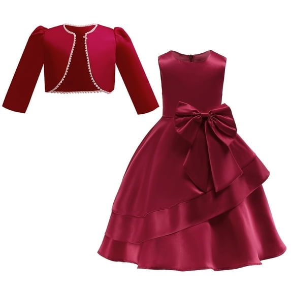 Generic Gowns for Toddlers Cichic Elegant Girls Dress Satin Gowns with A Pearl Coat for Kid for Bowknot Flower Dresses Pageant Party Wedding(8-9 Years,RD2)