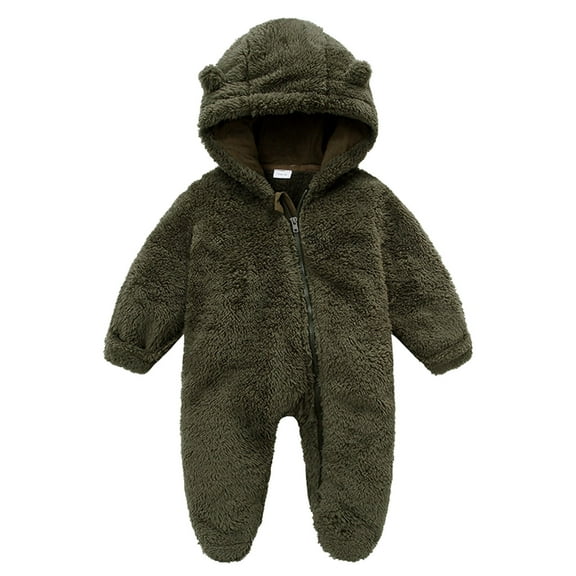 Generic Clearance Boys Christmas Clothes Baby Girl Boy Cute Solid Fall Winter Long Sleeves Round Neck Cartoon Ear Footed Hooded Zipper Romper Warm Jumpsuit Outfits(9-12 Months,Army Green)